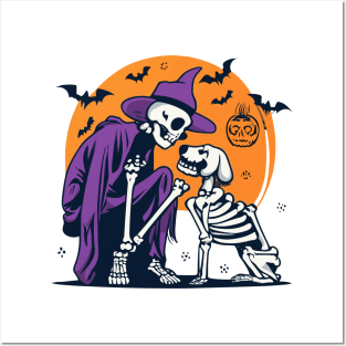 Spooky Season - Human Skeleton sitting with Dog Skeleton Posters and Art